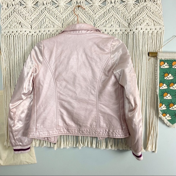 Jessica Simpson Faux Leather Satin Embroidered Sleeve Light Pink Floral Jacket L - Picture 10 of 11